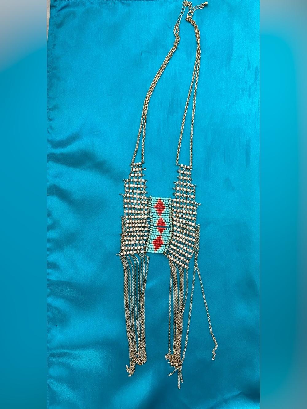 Bohemian Red and Turquoise Beaded Fringe Necklace